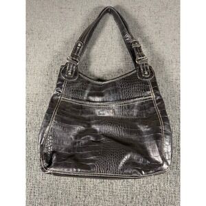 Nine & Co Black Croc Embossed Faux Leather Shoulder Bag Hobo Purse Silver